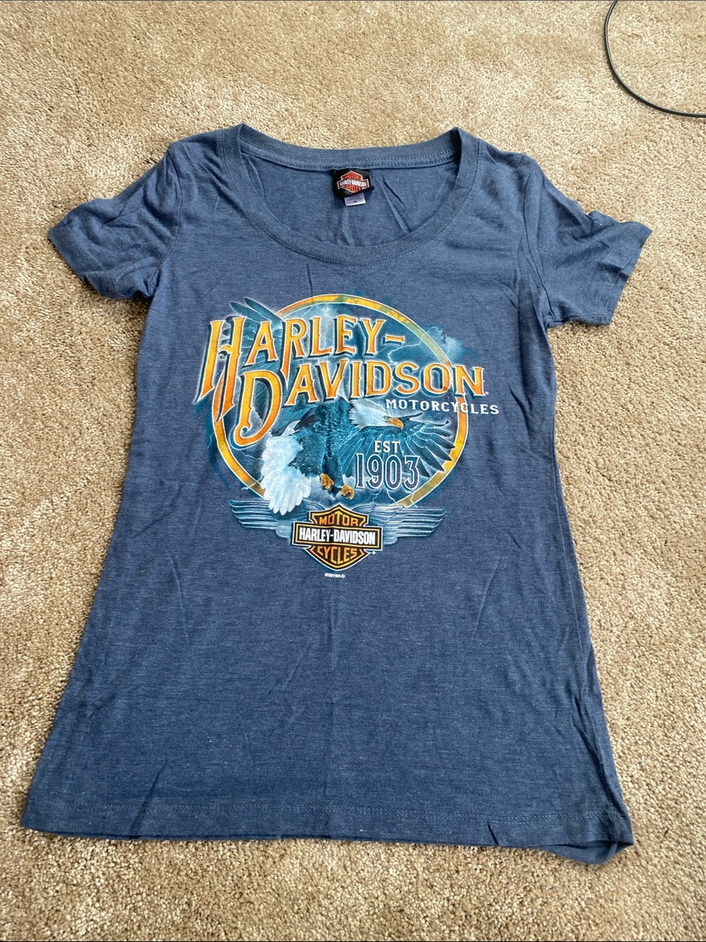Harley-Davidson Blue Tee with Yellow & White Graphic Y2K
